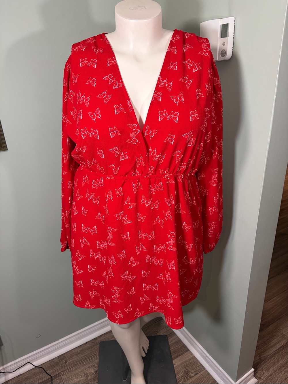 103. H&M Red V-Neck Long Sleeve Dress with butterflies